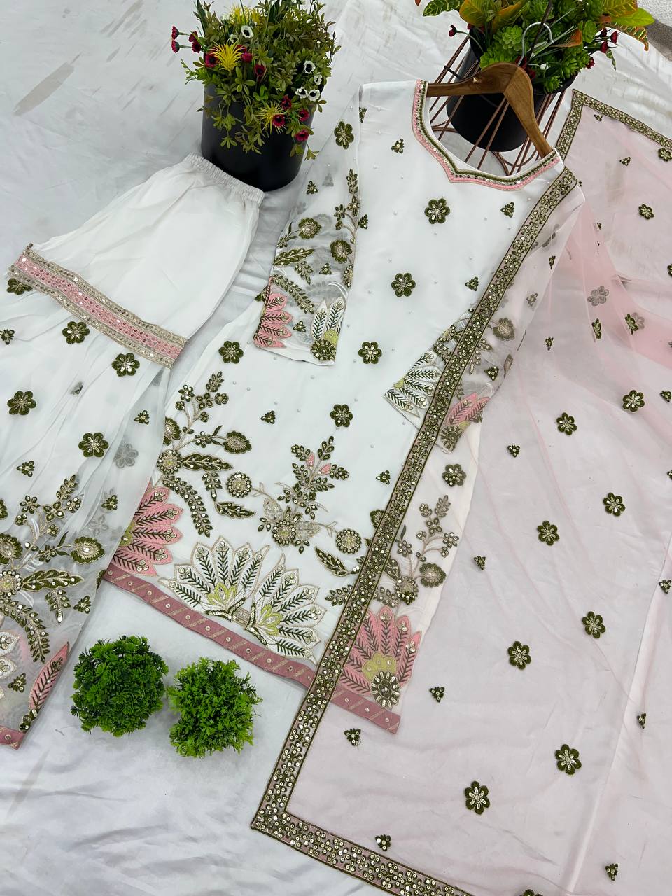 Good Looking Heavy Work White Color Sharara Suit