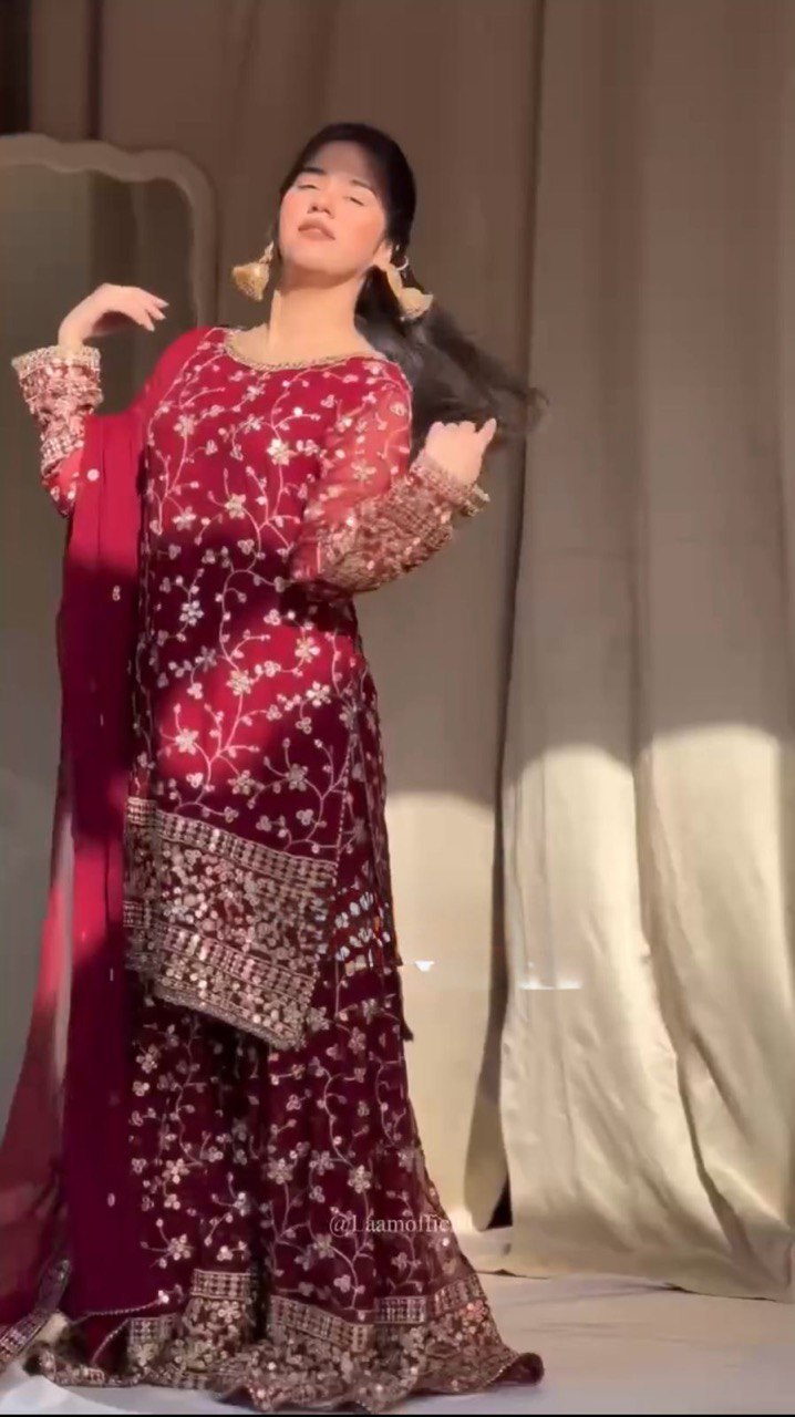 Occasion Wear Pink Color Sequence Work Sharara Suit