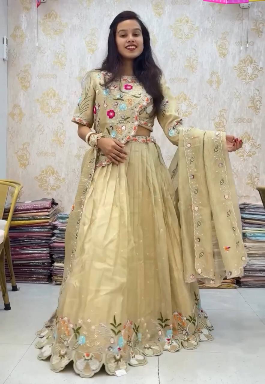 Occasion Wear Gold Crush Cream Color Lehenga Choli