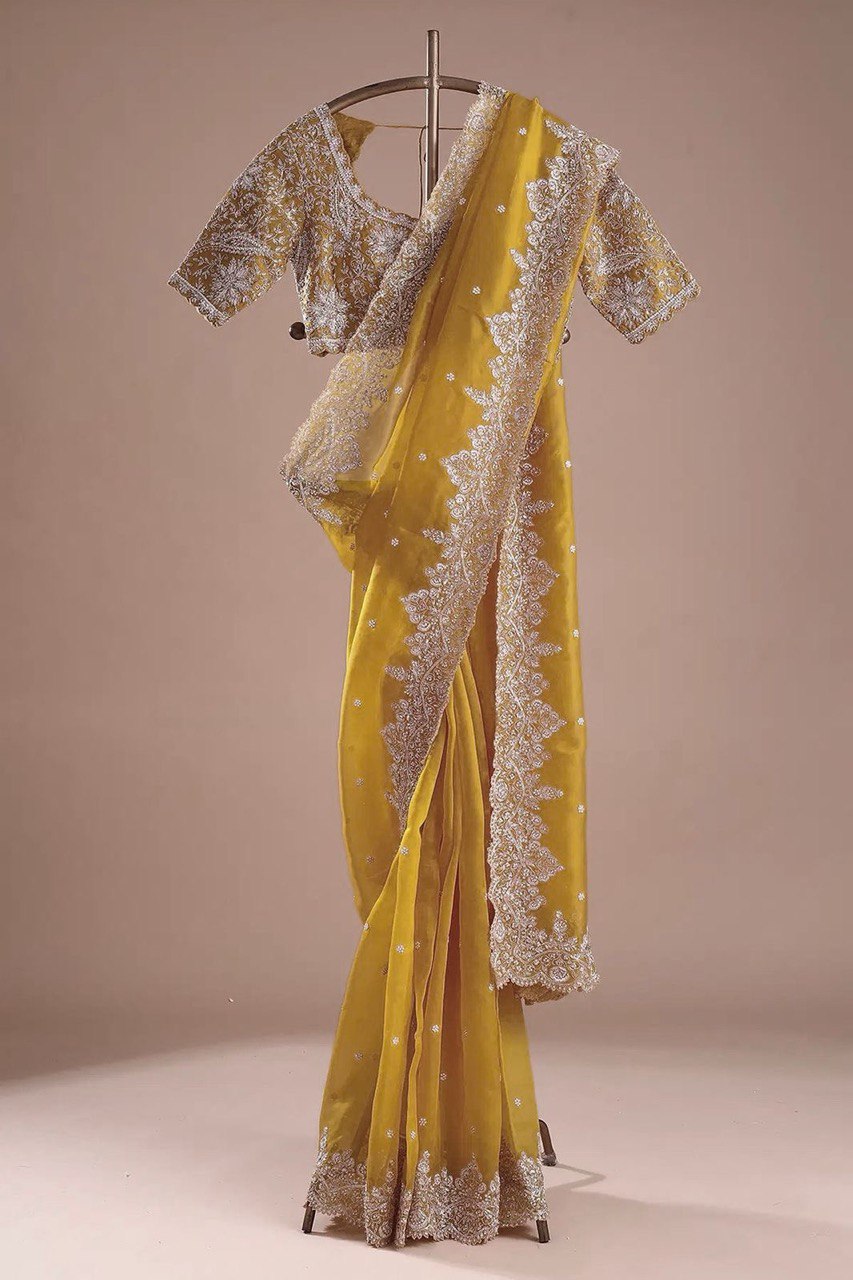 Preferable Thred & Sequnce Work Yellow Color Saree