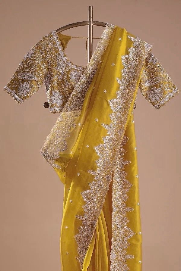 Preferable Thred & Sequnce Work Yellow Color Saree