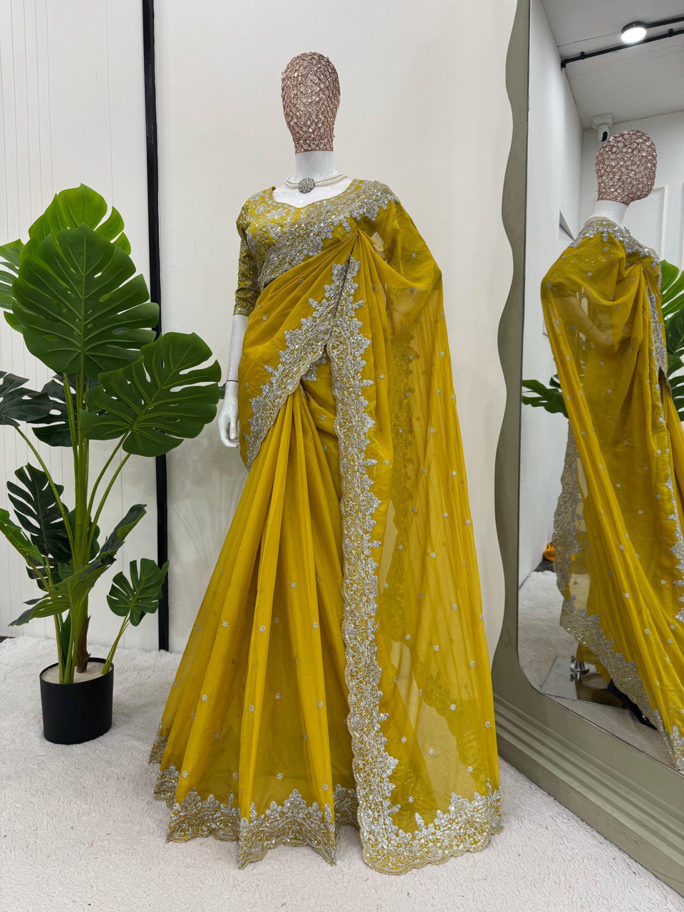 Preferable Thred & Sequnce Work Yellow Color Saree