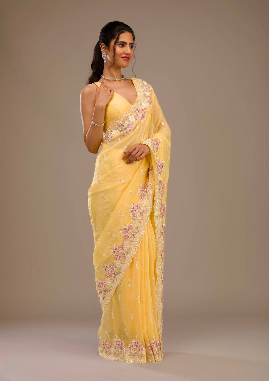 Lovely Heavy Work Yellow Color Saree