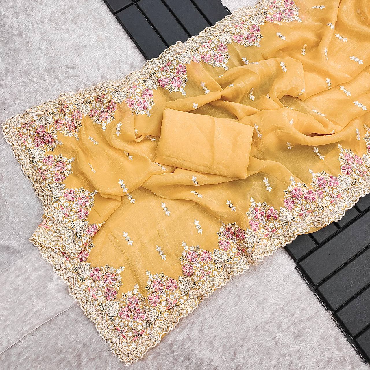 Lovely Heavy Work Yellow Color Saree