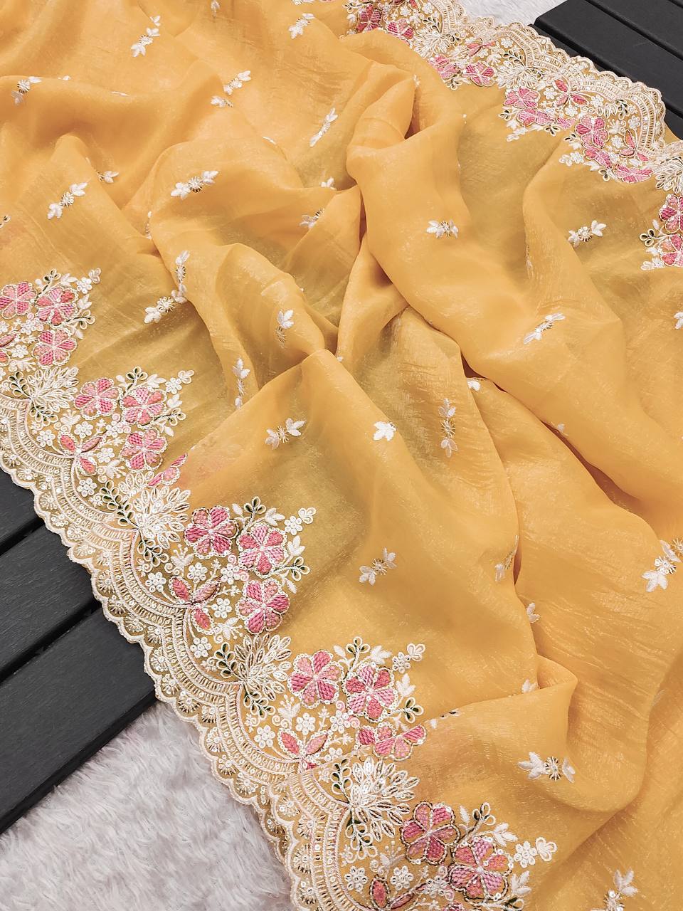 Lovely Heavy Work Yellow Color Saree