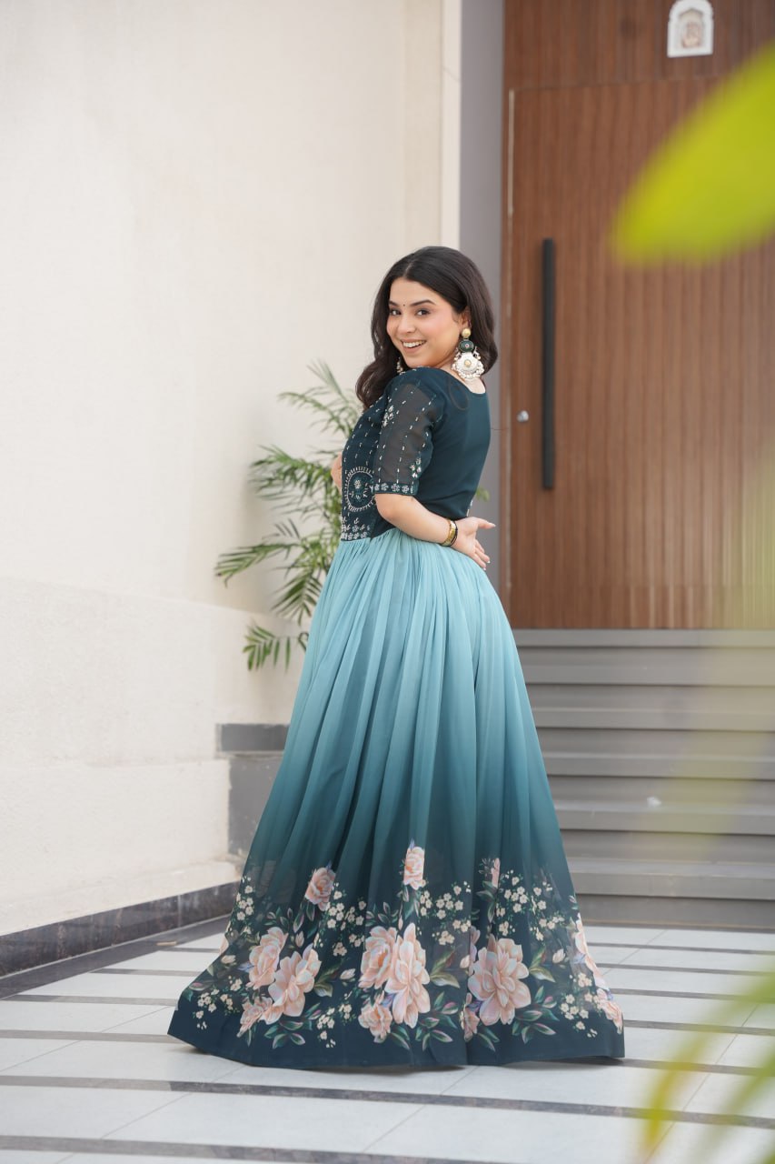Admiring Digital Print Blue Color Gown
