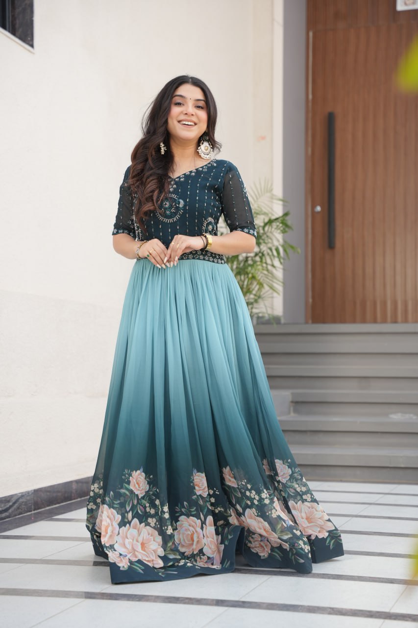 Admiring Digital Print Blue Color Gown
