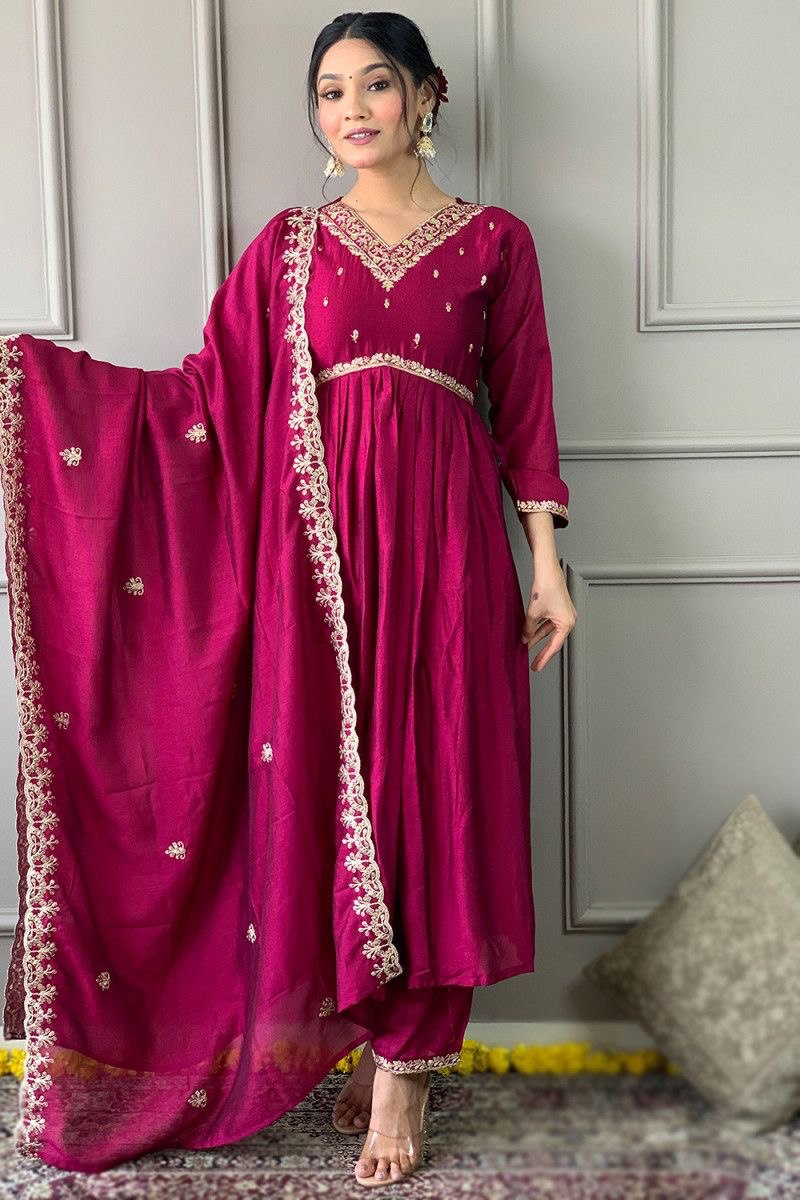 Gorgeous Vichitra Silk Wine Color Anarkali Kurti