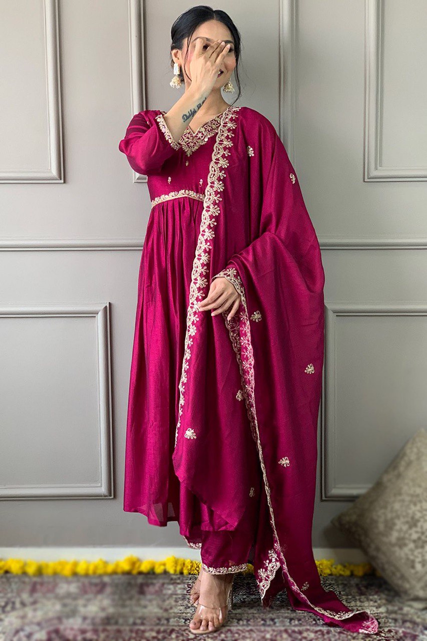 Gorgeous Vichitra Silk Wine Color Anarkali Kurti