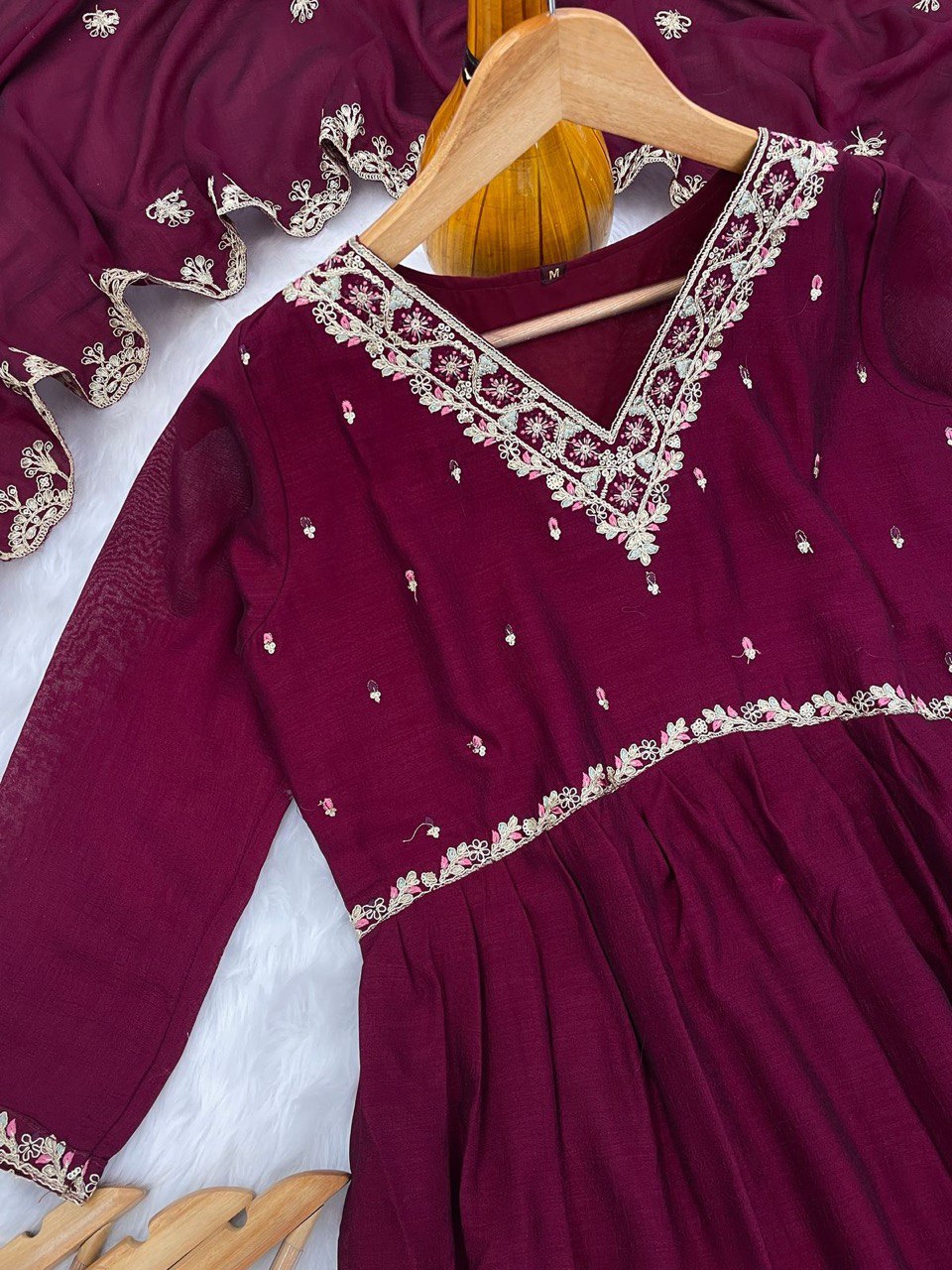 Gorgeous Vichitra Silk Wine Color Anarkali Kurti