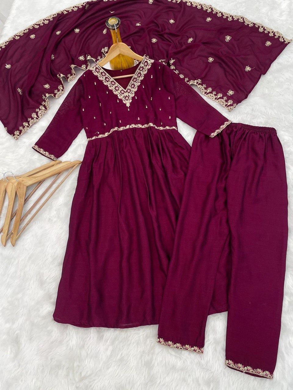Gorgeous Vichitra Silk Wine Color Anarkali Kurti