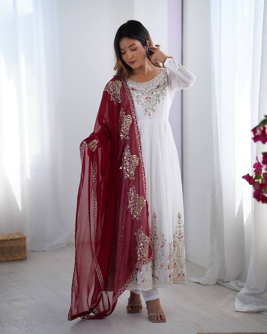 Imposing White Color Gown With Maroon Dupatta – vastracloth