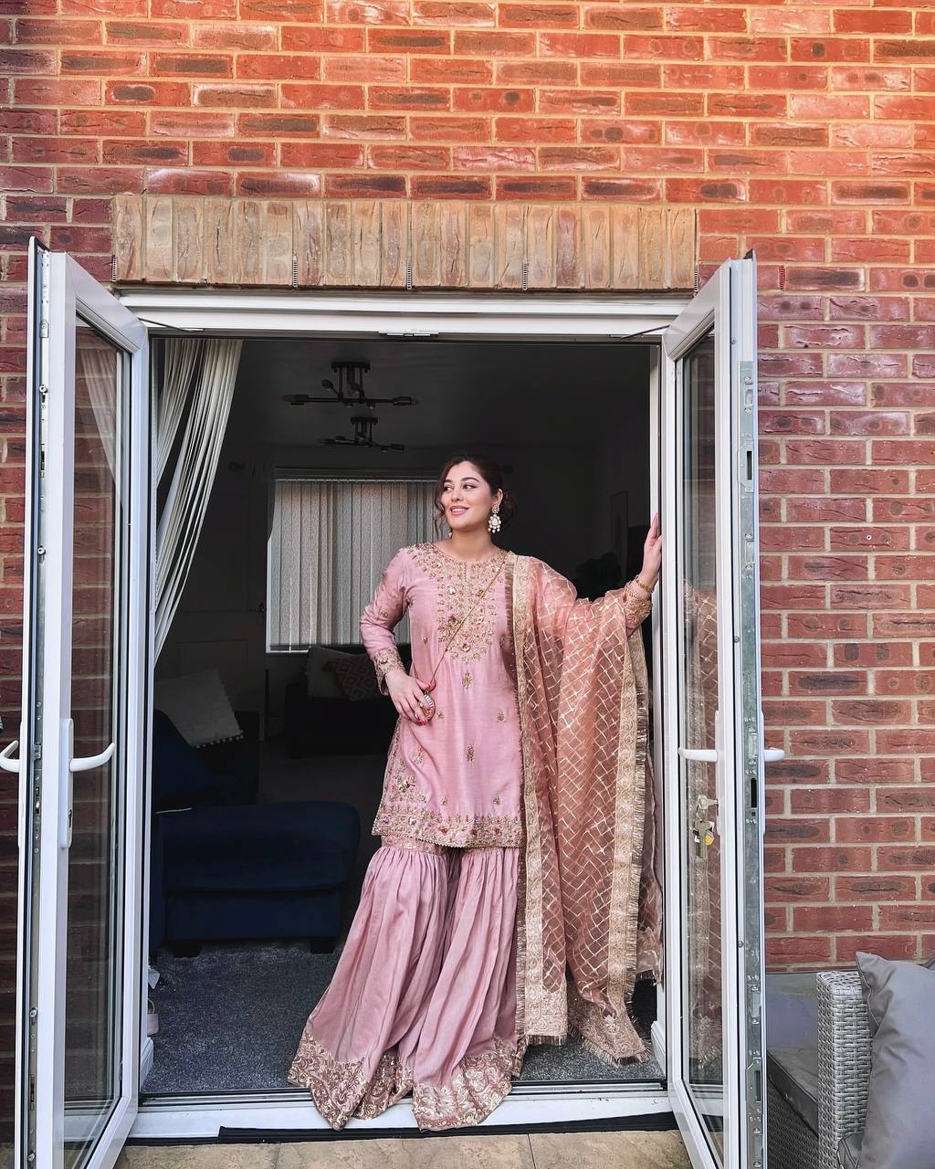 Designer Heavy Work Pink Color Sharara Suit