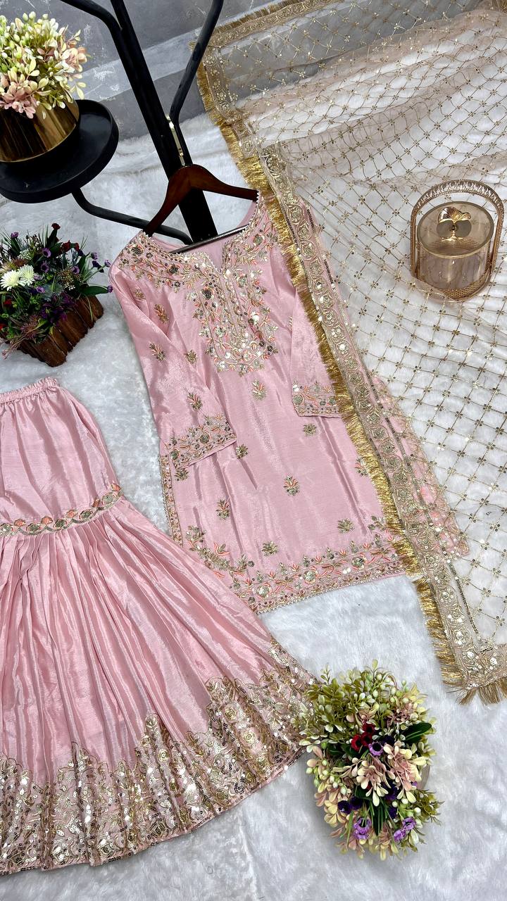 Designer Heavy Work Pink Color Sharara Suit