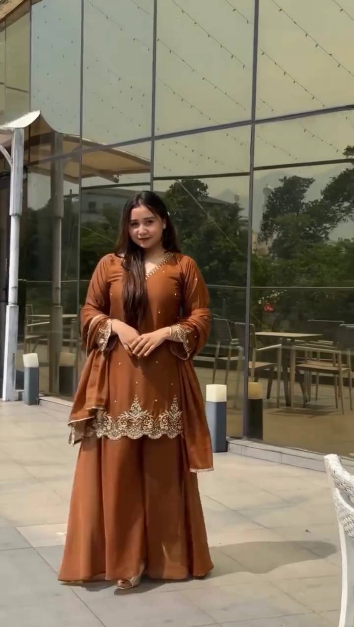 Awesome Embroidery Work Brown Color Sharara Suit
