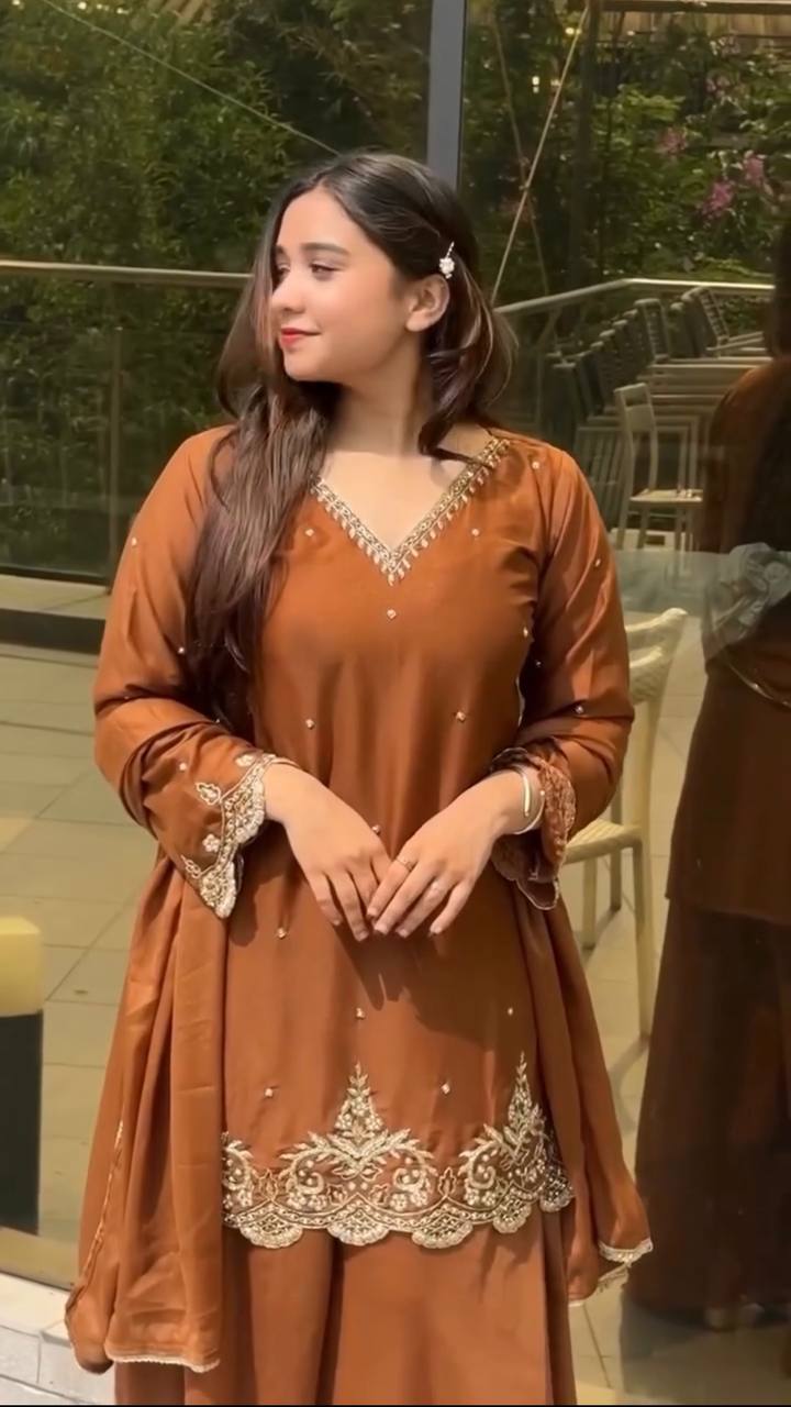 Awesome Embroidery Work Brown Color Sharara Suit