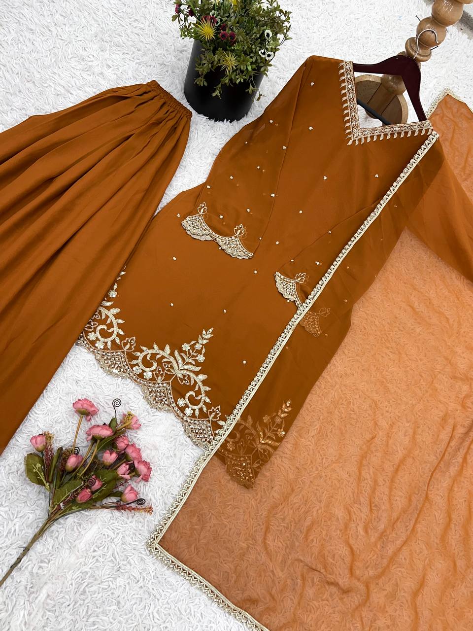 Awesome Embroidery Work Brown Color Sharara Suit