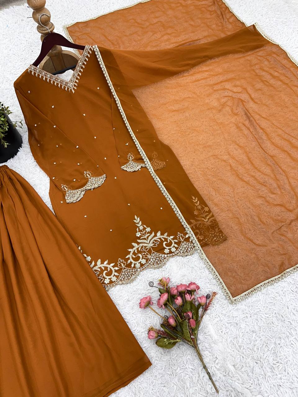Awesome Embroidery Work Brown Color Sharara Suit