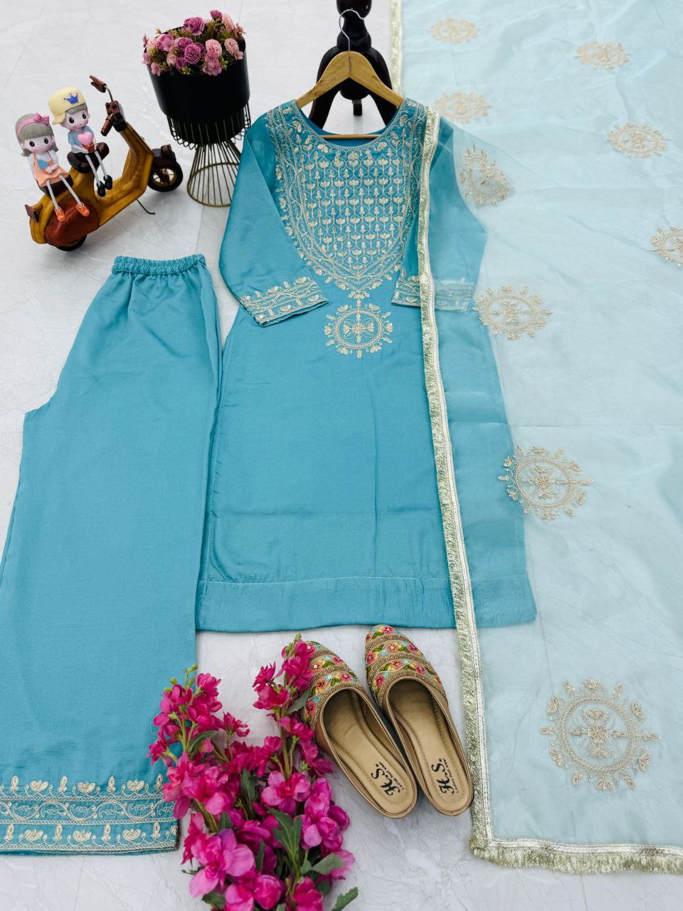 Graceful Vichitra Silk Sky Blue Color Sharara Suit