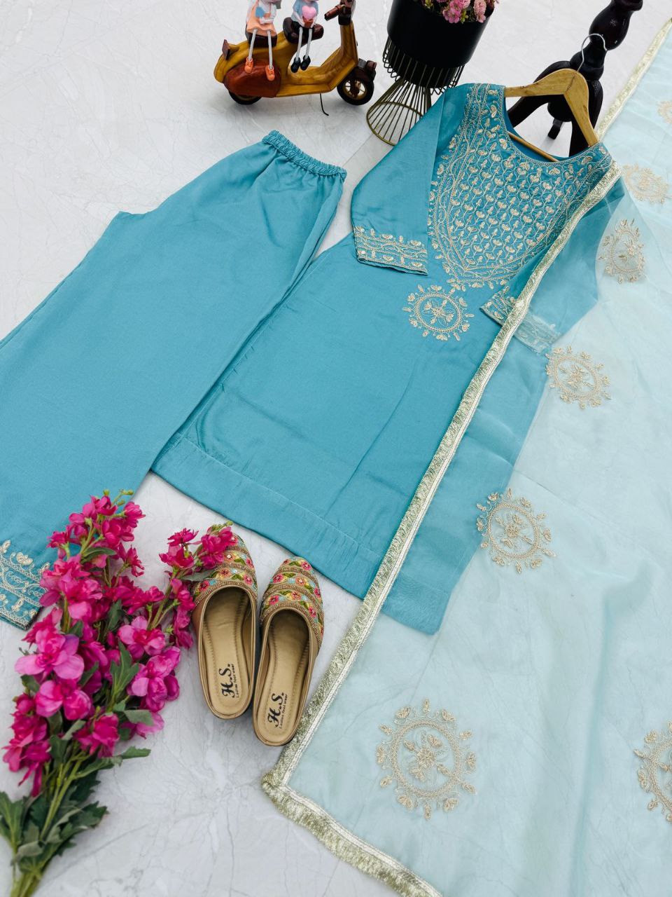 Graceful Vichitra Silk Sky Blue Color Sharara Suit