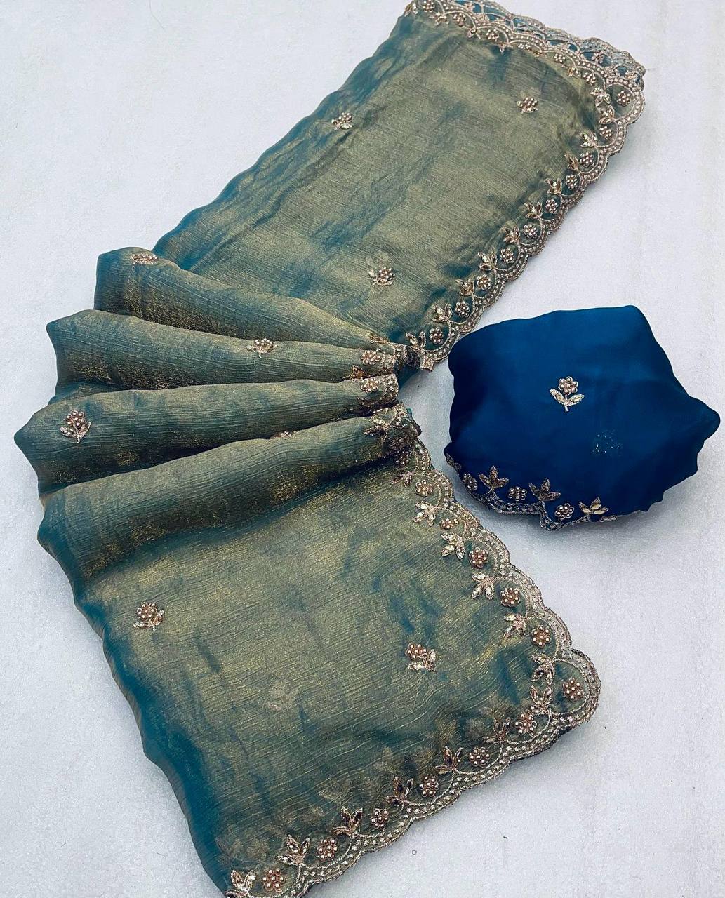 Beautiful Fendy Chiffon Teal Green Color Saree