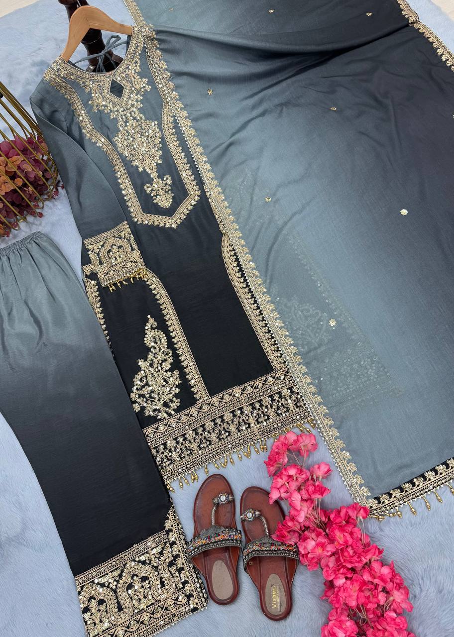 Fantastic Embroidery Work Double Shaded Grey Color Palazzo Suit