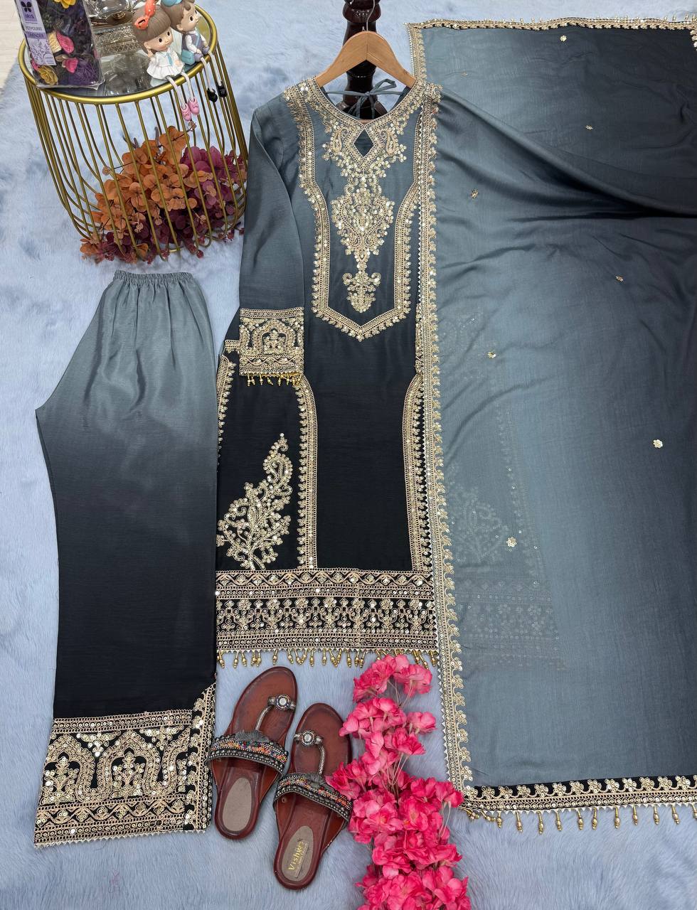 Fantastic Embroidery Work Double Shaded Grey Color Palazzo Suit