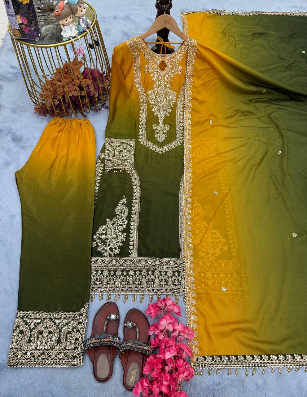 Fantastic Embroidery Work Double Shaded Green Color Palazzo Suit