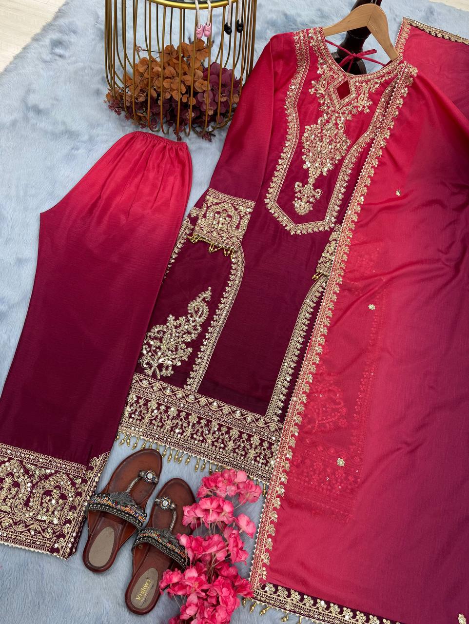 Fantastic Embroidery Work Double Shaded Pink Color Palazzo Suit