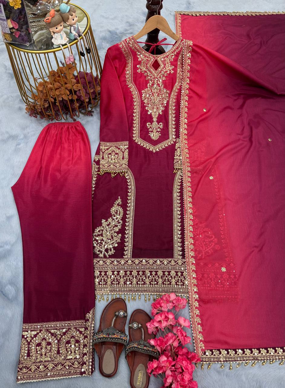 Fantastic Embroidery Work Double Shaded Pink Color Palazzo Suit