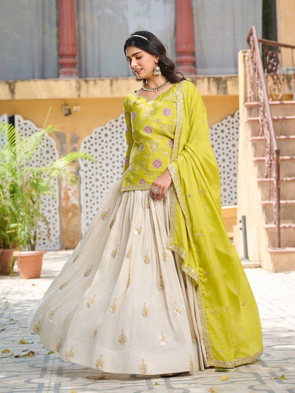 Occasion Wear Green Color Kurti With White Lehenga