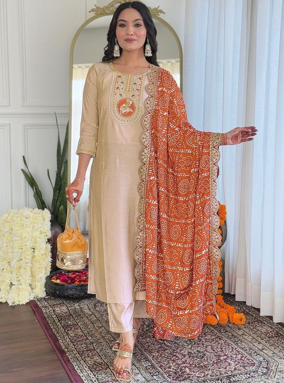Decent Embroidery Work Cream Color Salwar Suit