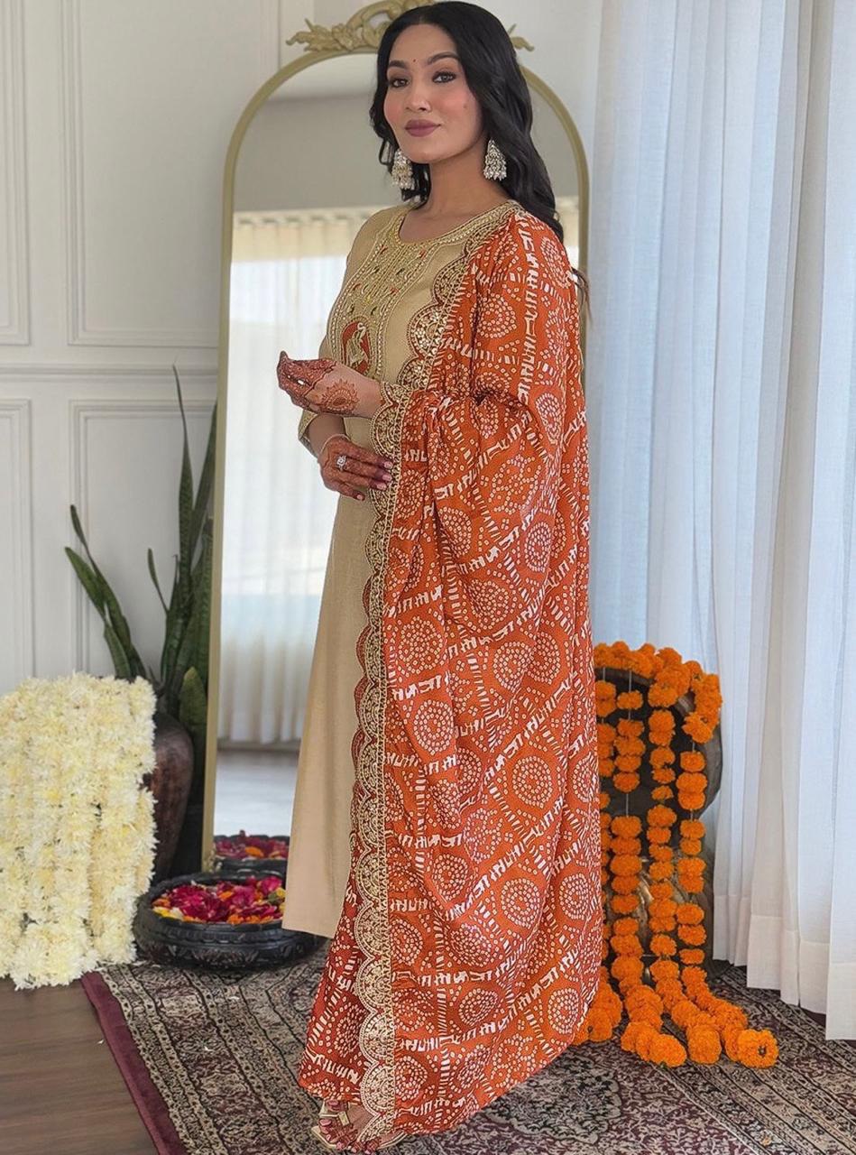 Decent Embroidery Work Cream Color Salwar Suit