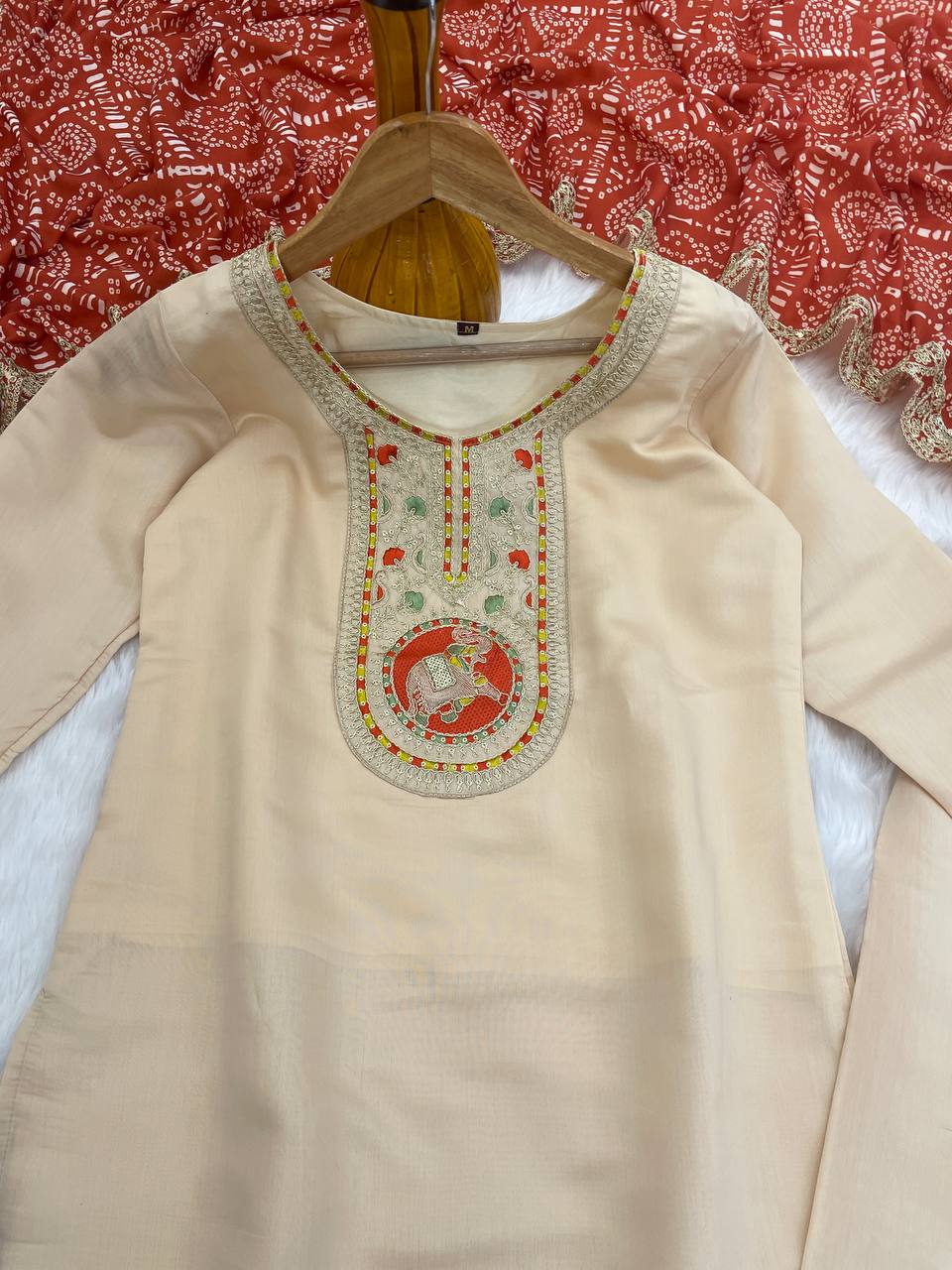 Decent Embroidery Work Cream Color Salwar Suit