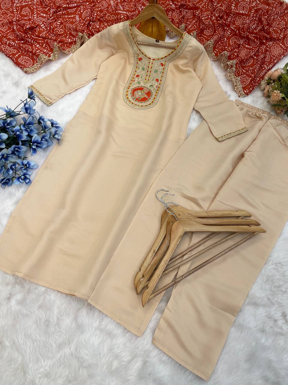 Decent Embroidery Work Cream Color Salwar Suit