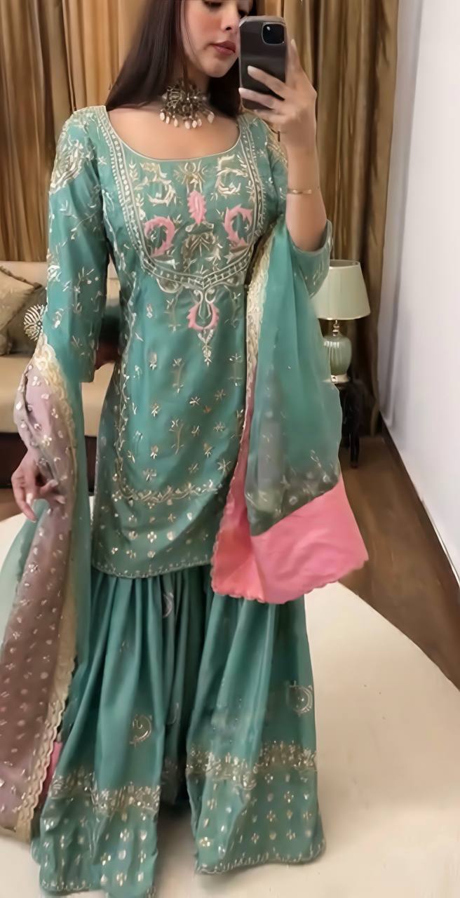 Designer Heavy Work Rama Color Sharara Suit
