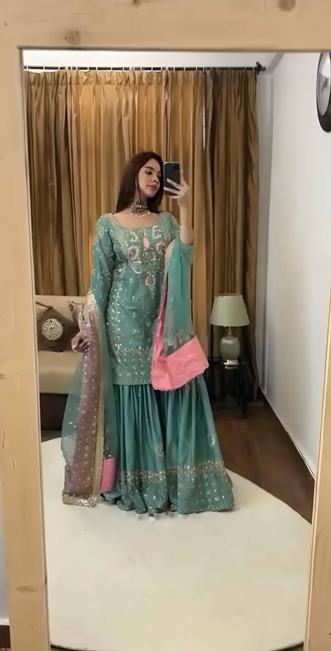 Designer Heavy Work Rama Color Sharara Suit