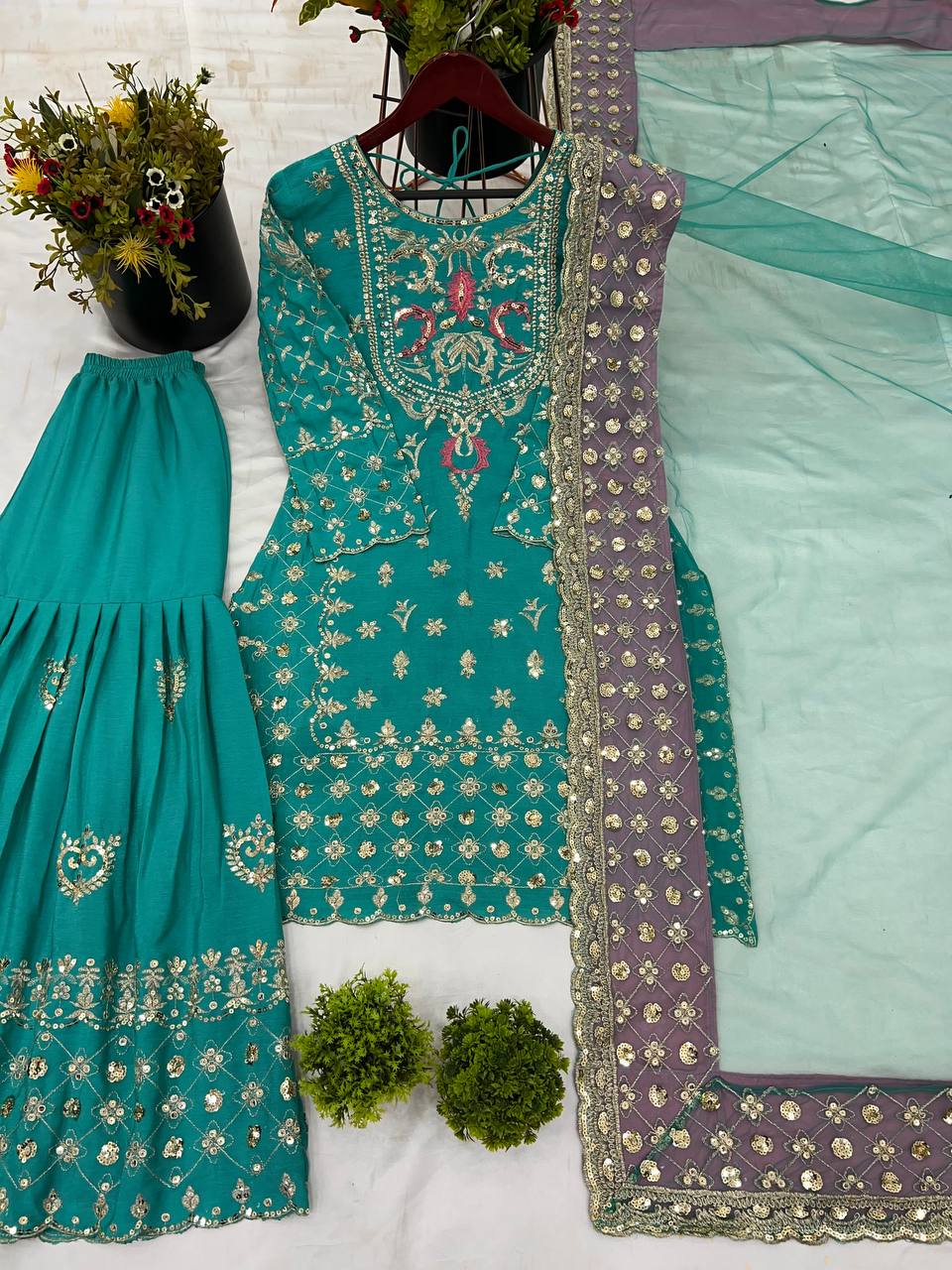 Designer Heavy Work Rama Color Sharara Suit