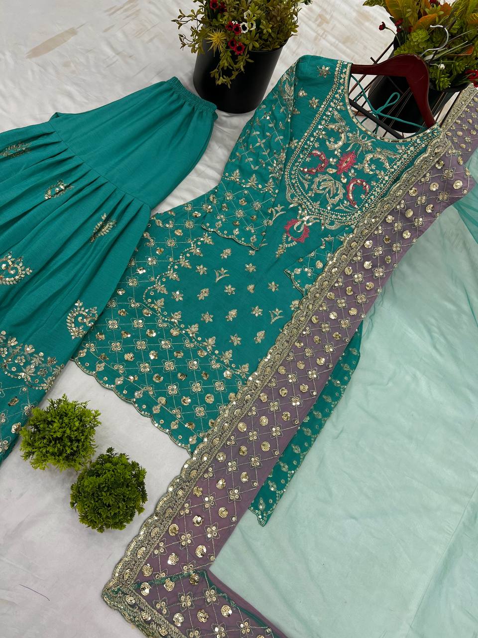 Designer Heavy Work Rama Color Sharara Suit
