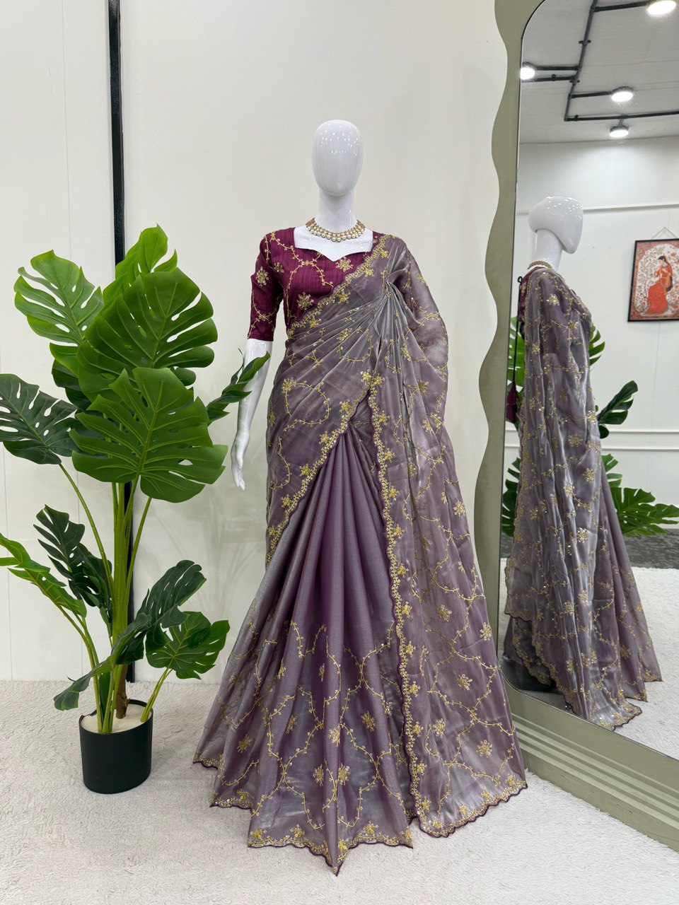 Innovative Thread With Sequence Work Lavender Color Designer Saree