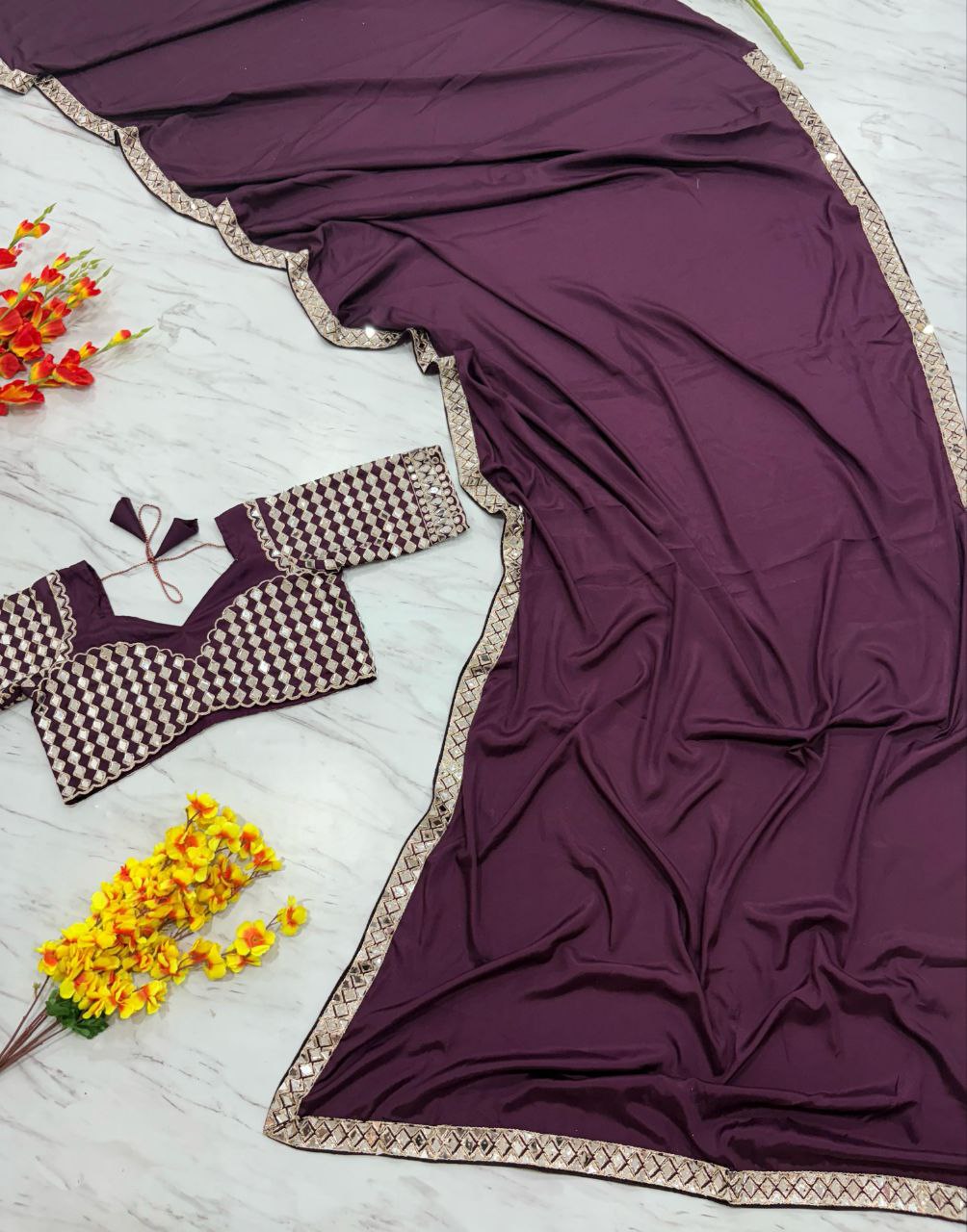 Delightful Wine Color Crape Silk Designer Saree