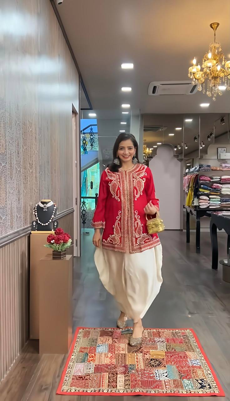 Designer Heavy Work Red Color Dhoti Suit