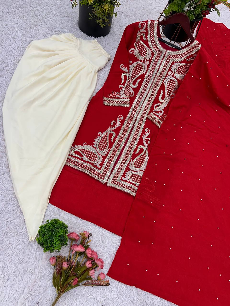 Designer Heavy Work Red Color Dhoti Suit