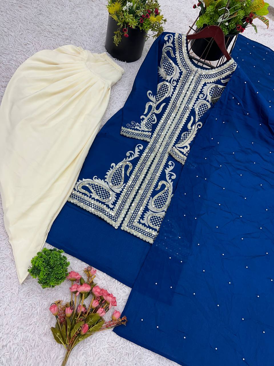 Designer Heavy Work Navy Blue Color Dhoti Suit