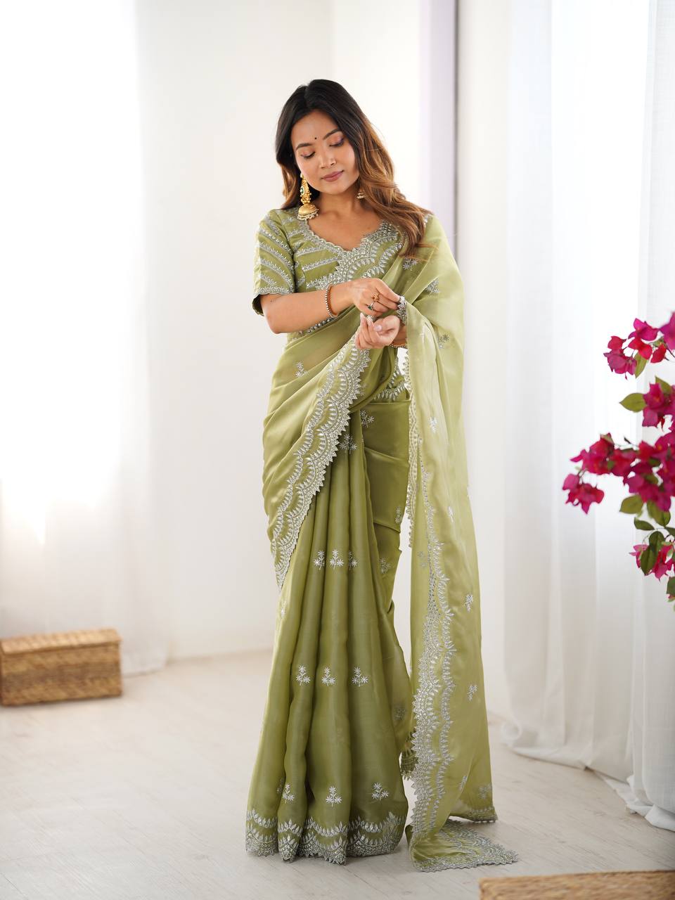 Lovely Heavy Work Green Color Saree