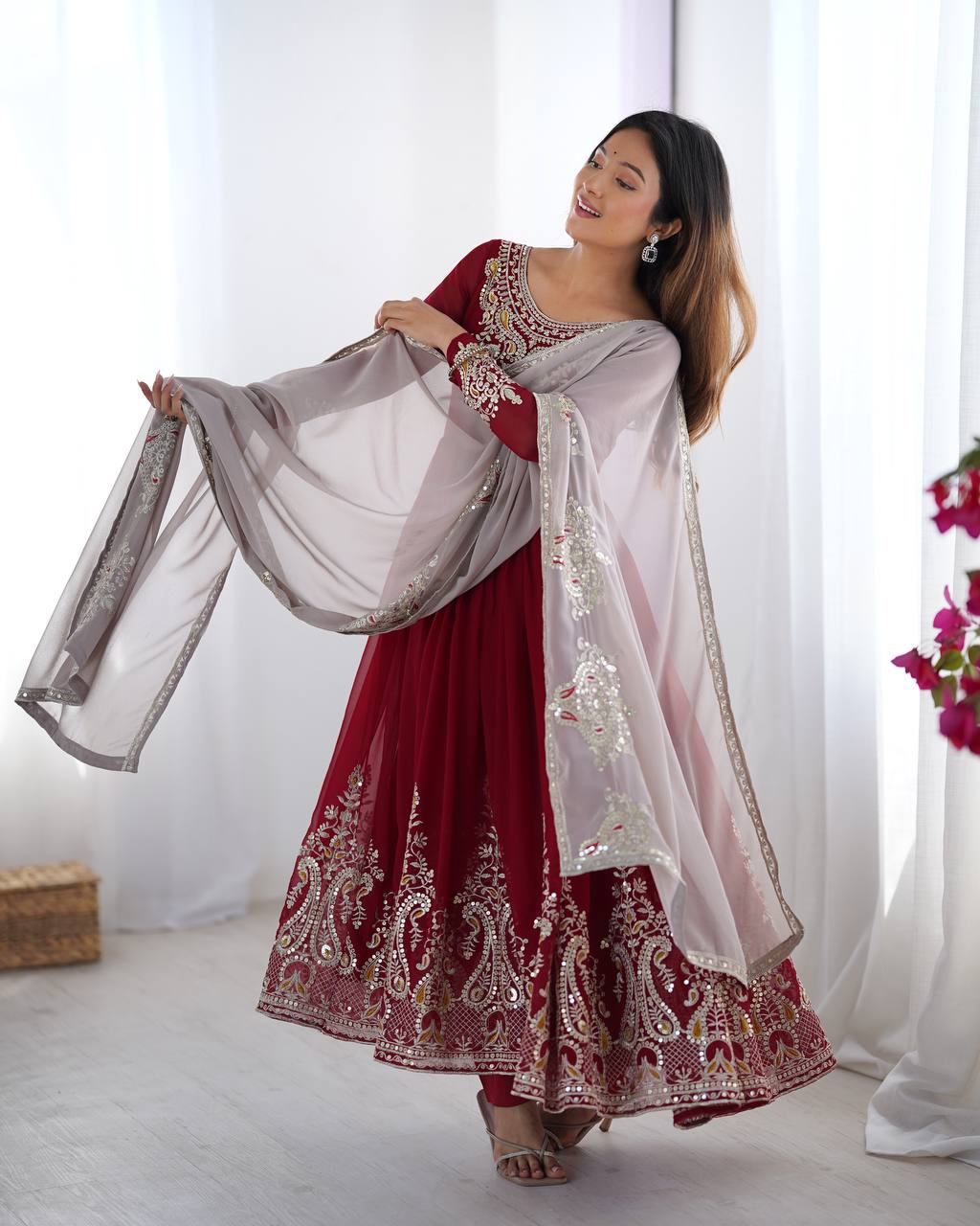 Imposing Maroon Color Gown With White Dupatta – vastracloth Imposing Maroon Color Gown With White Dupatta – vastracloth