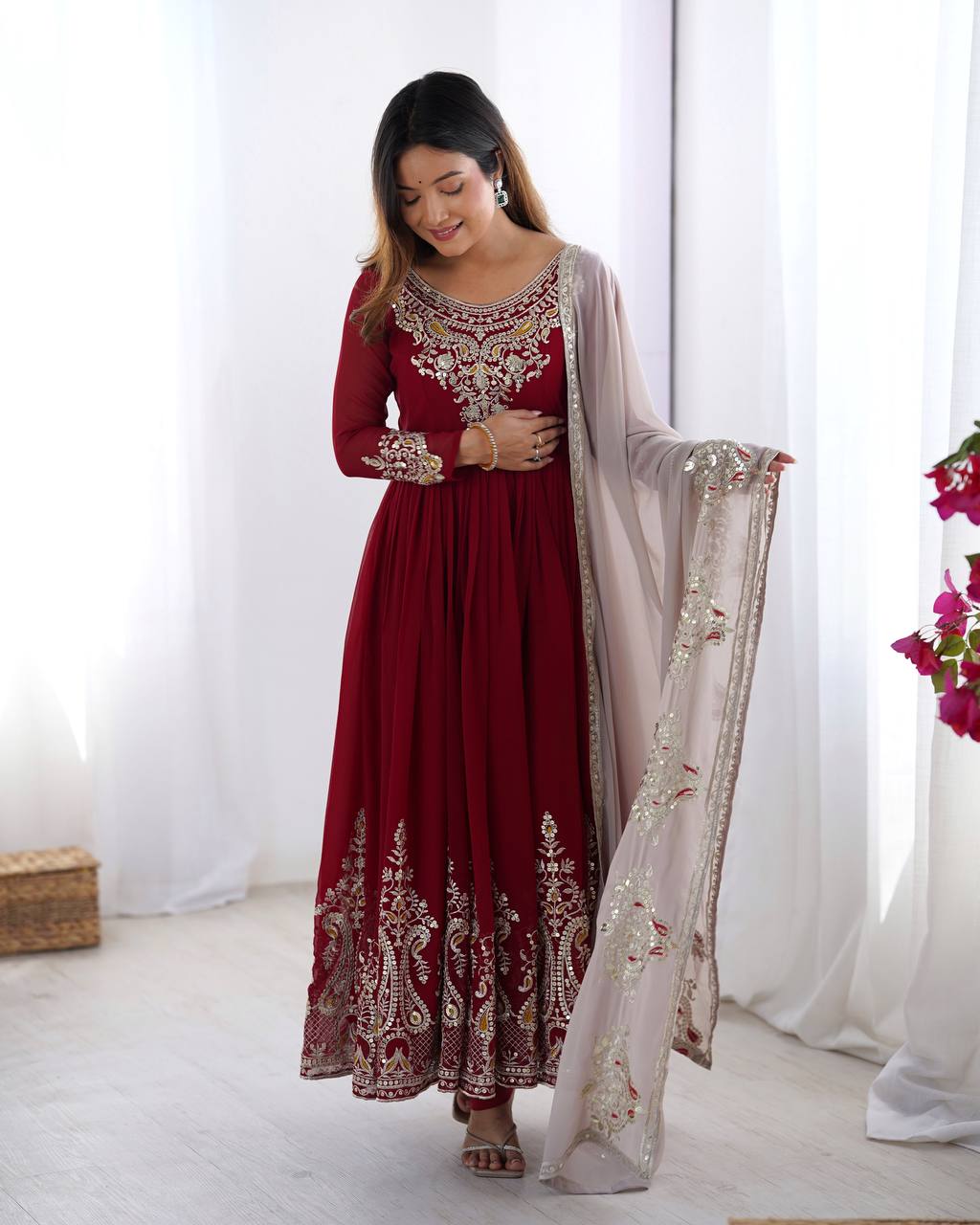Imposing Maroon Color Gown With White Dupatta – vastracloth Imposing Maroon Color Gown With White Dupatta – vastracloth
