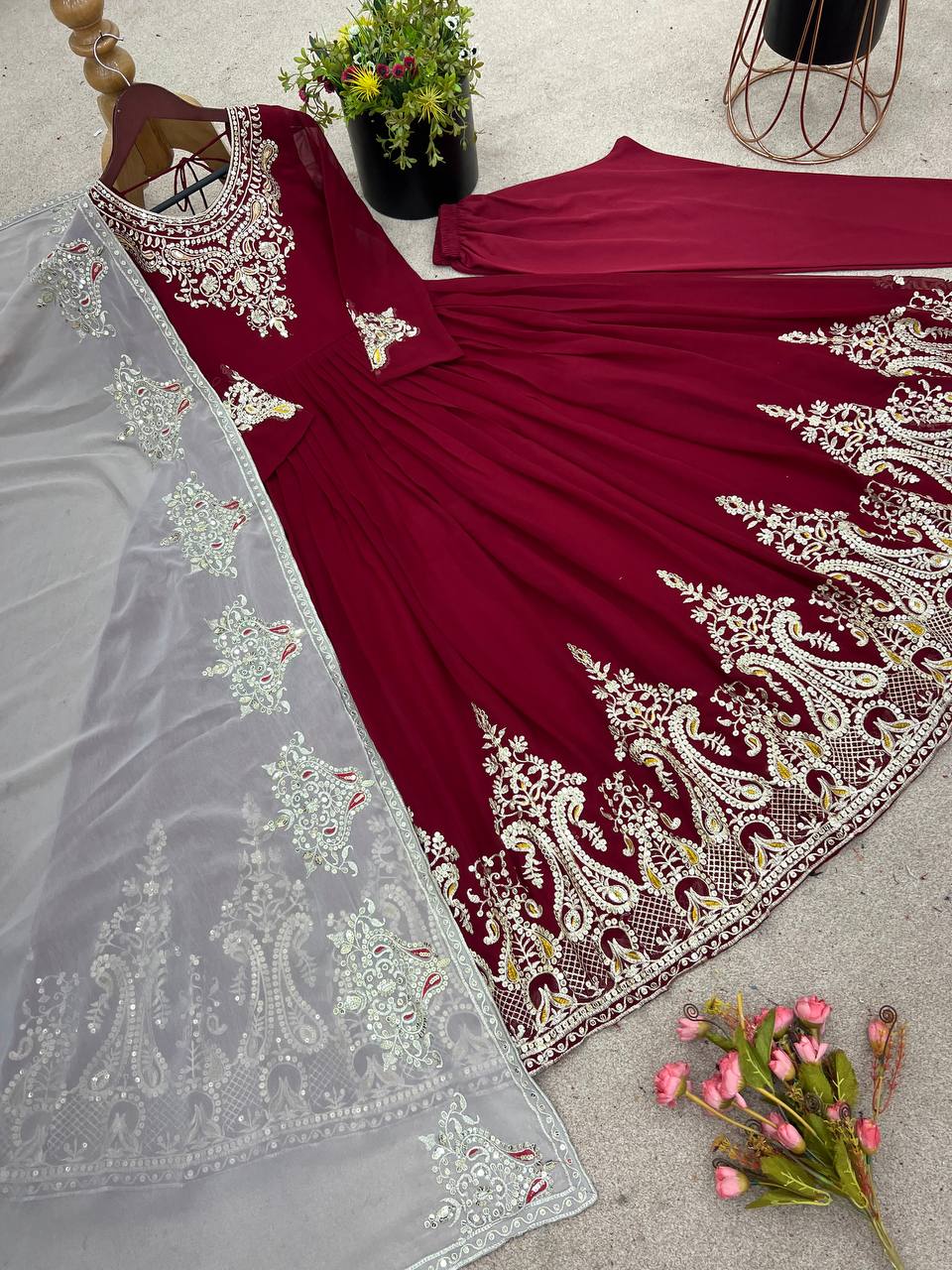 Imposing Maroon Color Gown With White Dupatta