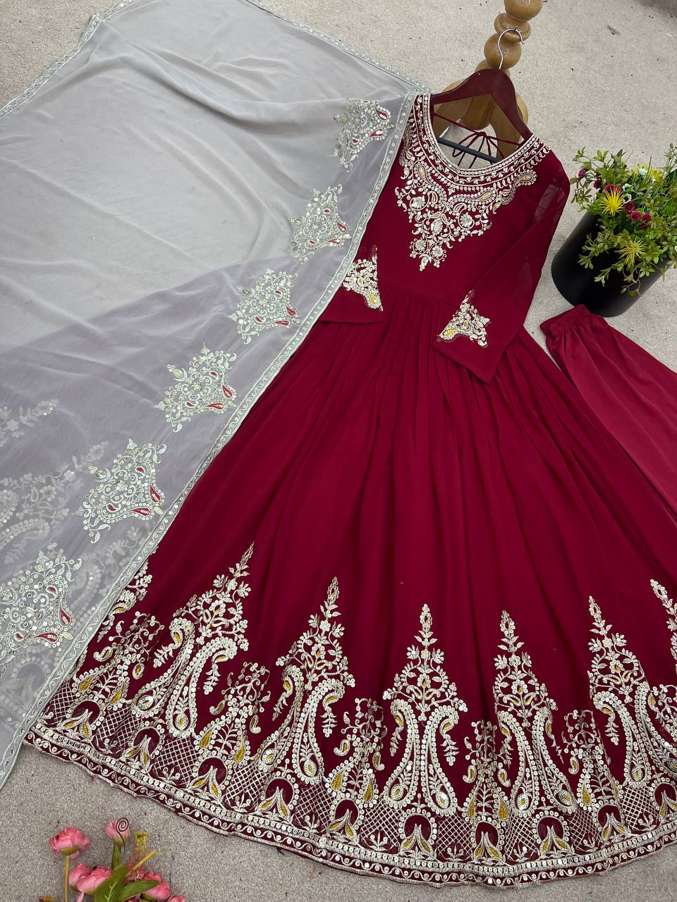 Imposing Maroon Color Gown With White Dupatta