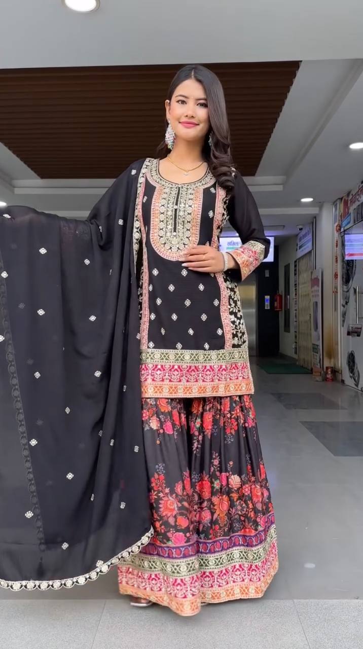 Stunning Embroidery Work Black Color Palazzo Suit